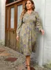 Plus Größe Kleider Herbst Frauen 4XL 5XL Casual Lose V-ausschnitt Langarm Floral Midi Kleid Elegante Mode Damen party