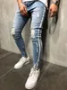 Erkekler kot sokak kıyafetleri erkek hip hop yan beyaz şerit skinny jeans sıkıntılı diz delikleri yırtılmış yüksek kaliteli streç ince fit denim pantolon 220923