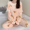 Women's Sleepwear Winter Korean Cute Flannel Pajamas 2 Piece Sets Japanese Kawaii Cartoon Bear Home Pyjama Tops Pants Warm Loungewear