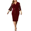 Plus Size Dresses Women's Ruched Dress Solid Color V Neck 3/4 Length Lace Petal Sleeve Bodycon Elegant Bandage For Party 2022