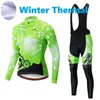 2024 Pro Mens Fluo Green Winter Cycling Jersey مجموعة طويلة الأكمام الجبلية للدراجة لركوب الدراجات التنفس MTB للدراجات ملابس ارتداء بدلة B38