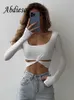 Women's T-Shirt Abdieso Y2K Square Neck Long Sleeve T Shirts Women Sexy Hollow Out 2022 White Autumn Skinny Basic Casual Crop Tops Fashion Tees T230104