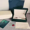 Topp lyxboxar Dark Green Watch Box Gift Woody fodral för Rolex Watches Booklet Card Taggar och papper på engelska Swiss Watchesboxes