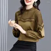 Women's Blouses Puff Sleeve Ice Silk Cotton Middle-sleeved Shirt Women's Autumn Lace Fight And Loose Large Size Tops Women