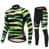 2023 Pro Mens Stripe Green Winter Cygring Jersey Set Long Sleeve Mountain Bike Cycling Clothing 통기성 MTB 자전거 의류 착용 슈트 B37