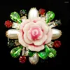 Brooches Vintage Rhinestone Leaf Pink Porcelain Rose Flower Brooch Imitated Pearl Red Green Stone Cluster China Pins Costume Jewelry