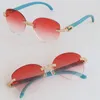 Säljer stor runda lyxiga diamantuppsättningar Rimless Solglasögon Womans Designer Blue Wood Men Famous 3524012 Design Classical Model Wood Sun Glasses Eyewear Lunettes