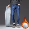 Männer Jeans Klassischer Stil Winter Fleece Warme Gerade Business Mode Baumwolle Denim Stretch Hosen Dicke Hose Männlich Schwarz Blau 220923