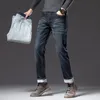 Herr jeans klassisk stil vinter fleece varm rak affär mode bomull denim stretch byxor tjocka byxor hane svartblå 220923