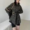 Women's Blouses Shirts Spring Fashion loose Plaid Shirt women's blouses mid length blouse with belt vintage causal lace button tops 220923