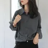 Blouses pour femmes Chemises Rétro Gris Printemps Eté À Manches Longues Col Encoche Allmatch Blouse Manteau Femmes Lâche Casual Mode Chemises Solides Dames 220923