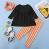 Set di abbigliamento 2022 3 pezzi bambini Halloween tuta zucca ricamo girocollo maniche lunghe camicetta pantaloni a righe sciarpa per ragazze 1-6 anni