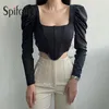 T-Shirt Femme Spifore Vintage Col Carré Irrégulier Cropped Corset Manches Bouffantes Femme Top Kaki Noir Blanc Casual Streetwear T-Shirt Élégant T220925