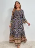 Plus -klänningar Summer för kvinnor 2022 Autumn Long Sleeve Floral Print Bohemian Dress High midja Curvy Maxi 4XL