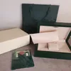 Topp lyxboxar Dark Green Watch Box Gift Woody fodral för Rolex Watches Booklet Card Taggar och papper på engelska Swiss Watchesboxes