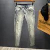 Heren jeans vintage magere mannen gewassen gebleekte gat stretch slanke locomotief mode mannelijke denim broek streetwear 220923