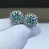 Stud Earrings Silver 925 Original Diamond Test Past Total 2 Carat Brilliant Cut Green&Blue Moissanite Snowflake Gemstone Jewelry