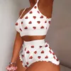 Senhoras sleep lounge 2023ss novo 100% algodão pamas 2 peças conjunto kawaii morango impressão babados cami conjunto bonito colheita superior shorts conjunto pamasmm01