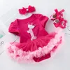 Girl Dresses Baby Rose Party Clothes Toddler Summer Short Sleeve Romper Bodysuits Skirt Outfits 3Pieces Set Headband Shoe