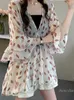 Women's Blouses Women's Large Size Chiffon Shirt 2022 Summer V-neck Mid-Length Printed Top Ladies Ruffled Bell Sleeve Doll