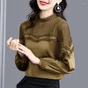 Kvinnors blusar Puff Sleeve Ice Silk Cotton Middle-Sleeved Shirt Women's Autumn Lace Fight and Loose stora toppar kvinnor
