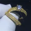 Cluster Rings Handmade Ring Set Yellow Gold Filled Pave Setting 5A Zircon Stone Engagement Wedding Band For Women Men Gift