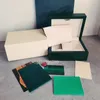 Topp lyxboxar Dark Green Watch Box Gift Woody fodral för Rolex Watches Booklet Card Taggar och papper på engelska Swiss Watchesboxes