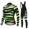 2024 Pro Mens Stripe Green Winter Cycling Jersey Set Long Sleeve Mountain Bike Cycling Clothing Breathable MTB Bicycle Clothes Wear Suit B37