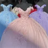 Rosa bling paljett spets söt 16 quinceanera klänningar från axeln 3d blommor applikation pärlor korsett klänning vestidos de 15 anos maskerad a17