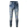 Jeans masculinos masculino masculino masculino Retro azul elástico Slim Fit destruído Rapped Patched Designer Marca Hip Hop Denim