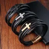 Charm Armband Cross Design Classic Men's Leather Armband 3 Färger Rostfritt stål Magnet Bangle Punk Fashion Christmas Year Gifts