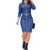 Abiti casual Primavera Autunno Donna Manica lunga Abito in denim Vintage Monopetto Colletto rovesciato Jeans neri Abito donna al ginocchioCasua