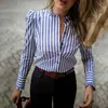 Women's Blouses Shirts Women Long Sleeve Striped Puffed Sleeve Frill Hem Casual Blouse Elegant Ladies Workwear Shirt Top Blusas Mujer 220923