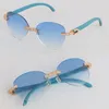 Selling Large Round Luxury Diamond Set Rimless Sunglasses Womans Designer Blue Wood Men Famous 3524012 Design Classical Model Wooden Sun Glasses Eyewear lunettes