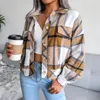 Women's Jackets Women Woolen Coat With Pockets Lantern Long Sleeve Plaid Shirt Jacket Turn-down Collar Casual Short Single Breasted Ins