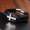 Charm Bracelets Cross Design Classic Men's Leather Bracelet 3 Colors Stainless Steel Magnet Bangle Punk Fashion Christmas Year Gifts