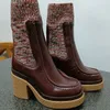 Chelsea ankelstövlar för dam Lyxdesigner kosknmode Stickning elasticitet Blandade färger strumpor skor chunky häl tjock sula Half Boot 35-42