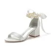 Sandales bloc talons perles chaussures de mariage pour mariée bout ouvert mi ruban bal soirée formelle robe de soirée femmes