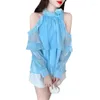 Kvinnors blusar Chiffon Kvinnor Blus sommar rufsade av axeltröjan Löst långärmad casual mode topp kvinnlig koreansk stil