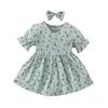 Mädchenkleider, 2-teiliges Sommer-Outfit für Babys, Blumendruck, V-Ausschnitt, kurze Ärmel, Knöpfe, Kleid, Haarspange, für Kleinkinder von 6 Monaten bis 4 Jahren
