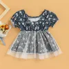 Vestidos de niña Lioraitiin 0-24M Vestido de manga corta para bebé recién nacido con costura de malla Decoración de lazo Patrón de flores Traje con volantes