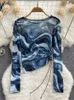 Женская футболка Hikigawa Chic Fashion Women Tops Tops Tie Dye Thin Mesh с длинным рукавом T Рубашки летние плиссированные боковые шнурки дизайн блузки Top Mujer T220923