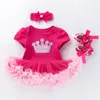 Fille robes bébé Rose vêtements de fête enfant en bas âge été à manches courtes barboteuse body jupe tenues 3 pièces ensemble bandeau chaussure