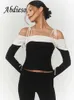 Women's T-Shirt Abdieso White Off Shoulder Long Sleeve T Shirts Women Elegant Vintage 2022 Autumn Bandage Backless Sexy Party Crop Top T2K T220926