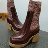 Chelsea ankelstövlar för dam Lyxdesigner kosknmode Stickning elasticitet Blandade färger strumpor skor chunky häl tjock sula Half Boot 35-42