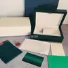 Topp lyxboxar Dark Green Watch Box Gift Woody fodral för Rolex Watches Booklet Card Taggar och papper på engelska Swiss Watchesboxes