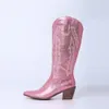 Bottes Cowboy Rose Cowgirl Pour Femmes Zip Brodé Bout Pointu Talon Chunky Mi-mollet Western Shinny Chaussures 220924