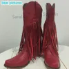 Boots Trendy Great Quality Fringe mid calf Square Heels Western mixed color Comfy Walking Women Casual Party Shoes 220924