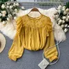 Kadın bluzları sarı/bej/pembe polka nokta şifon bluz kadınlar rahat yuvarlak boyun uzun kolu ince blusalar dişi zarif tatlı gömlek 2022