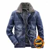 Herrjackor mcikkny m￤n vinter fleece fodrad denim varma termiska casual jeans rockar storlek m-4xl vindbrytning